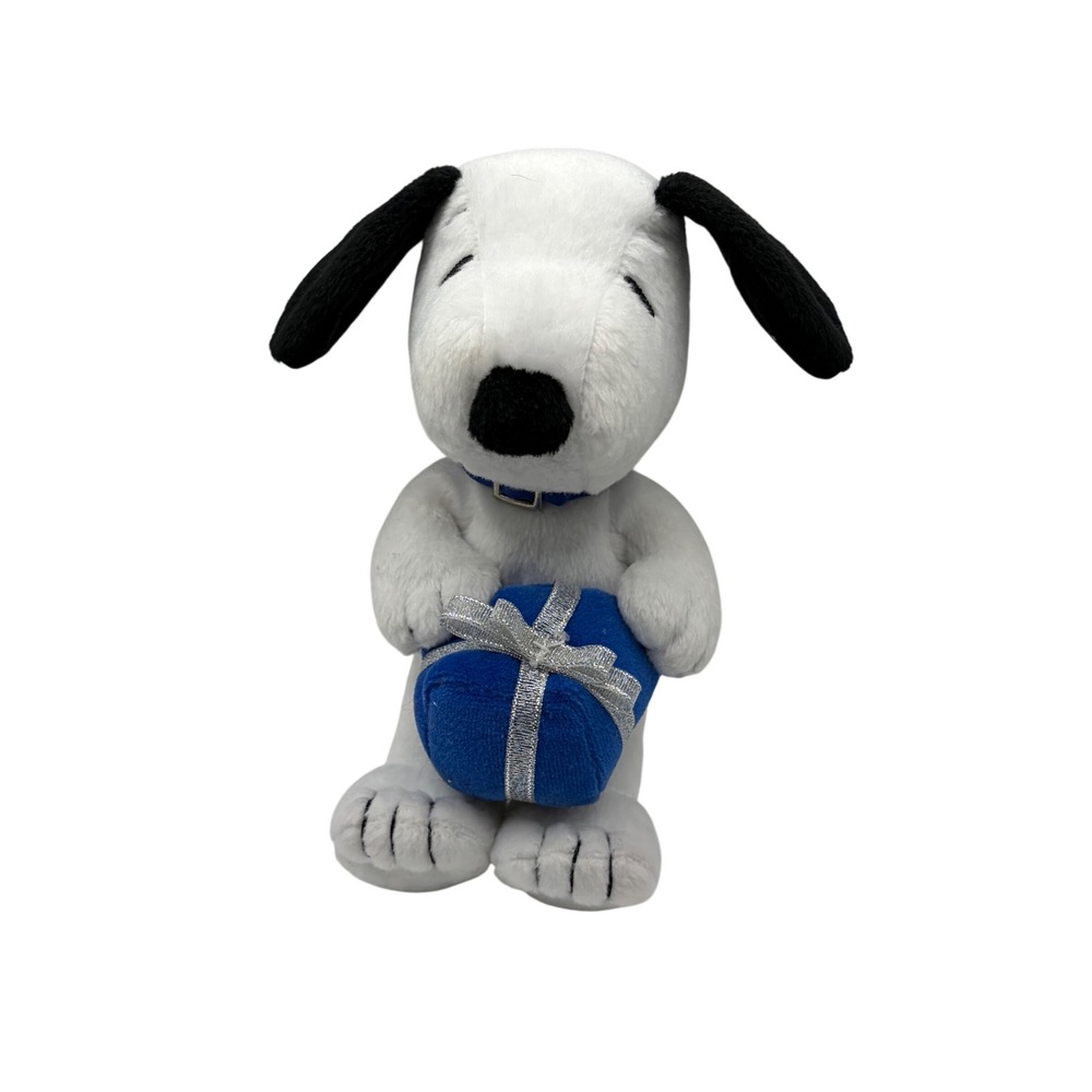 Hallmark Peanuts Snoopy Plush Holding Blue Gift Box Silver Ribbon Holiday Toy